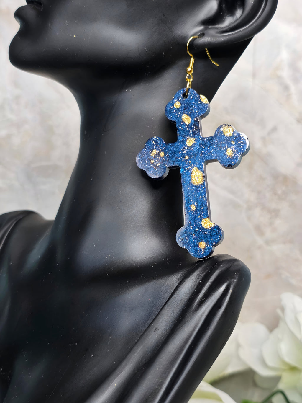 Bold Gold Splash Resin Cross Earrings