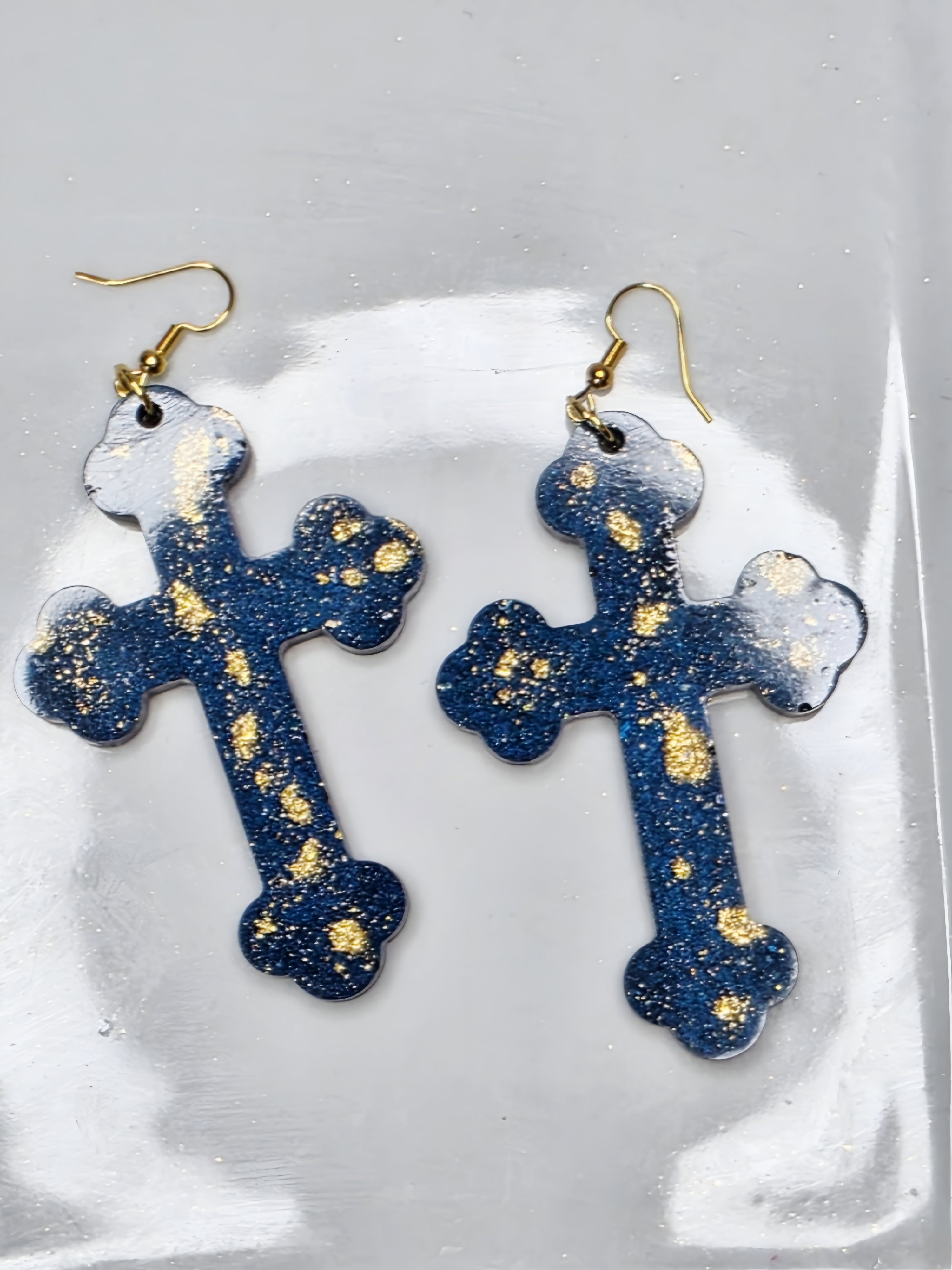 Bold Gold Splash Resin Cross Earrings