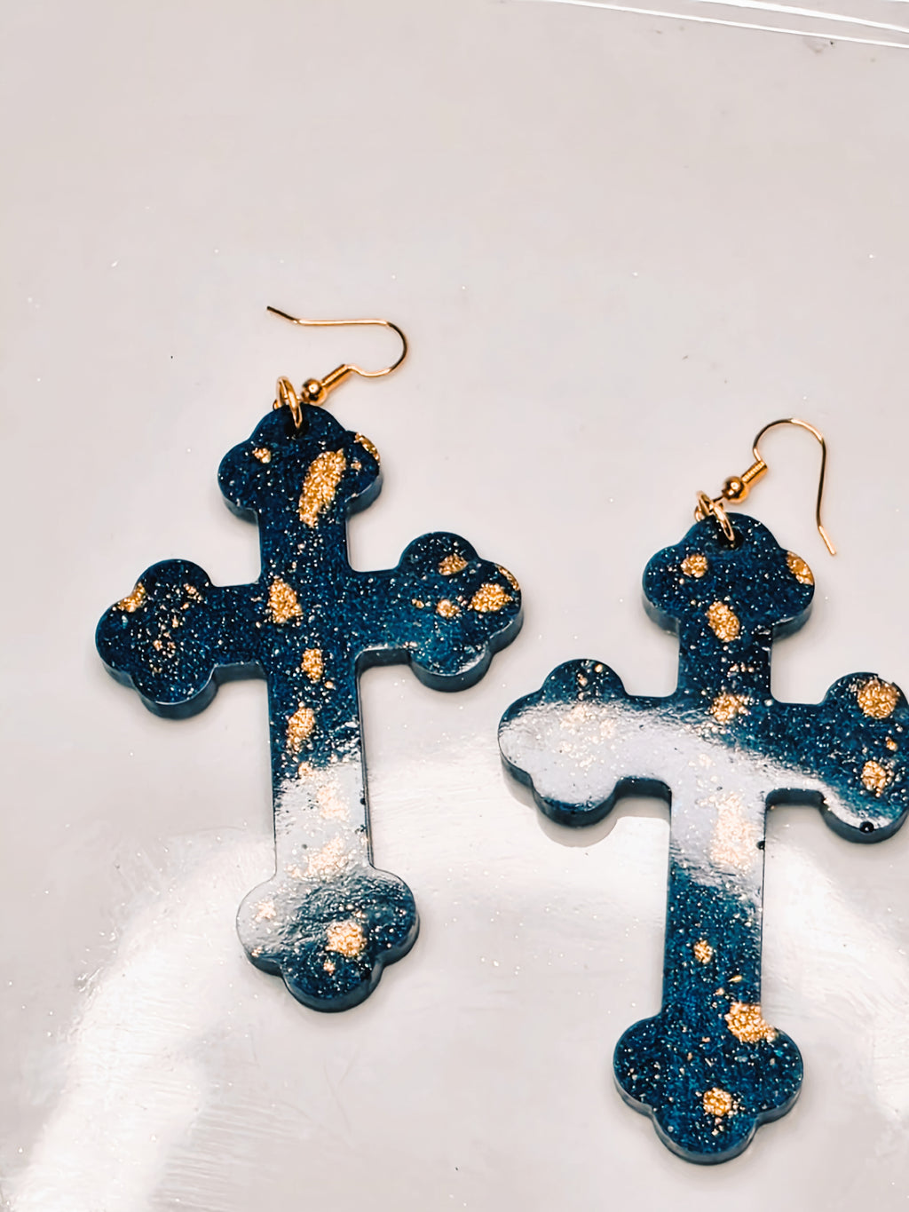 Bold Gold Splash Resin Cross Earrings