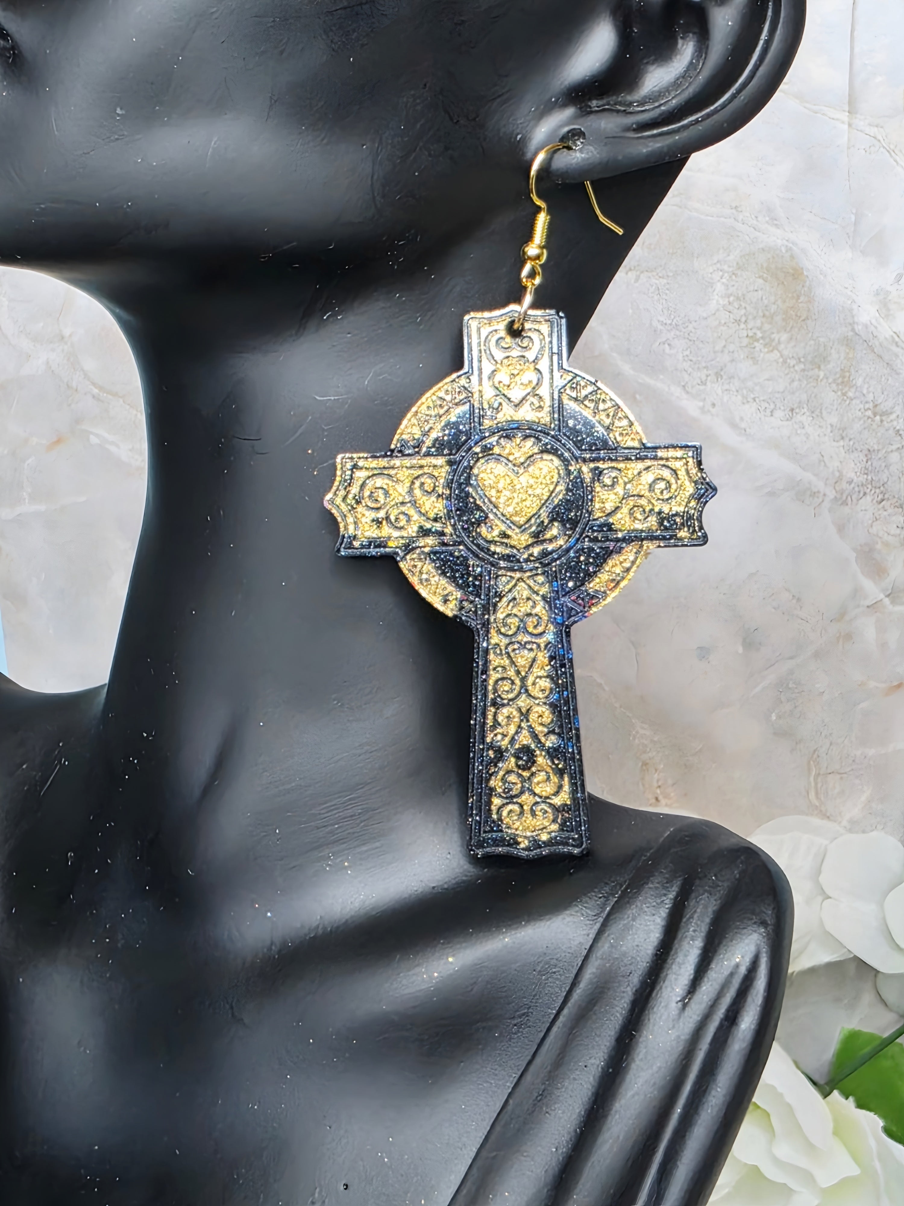 Infinity Cross with Heart Resin Earrings
