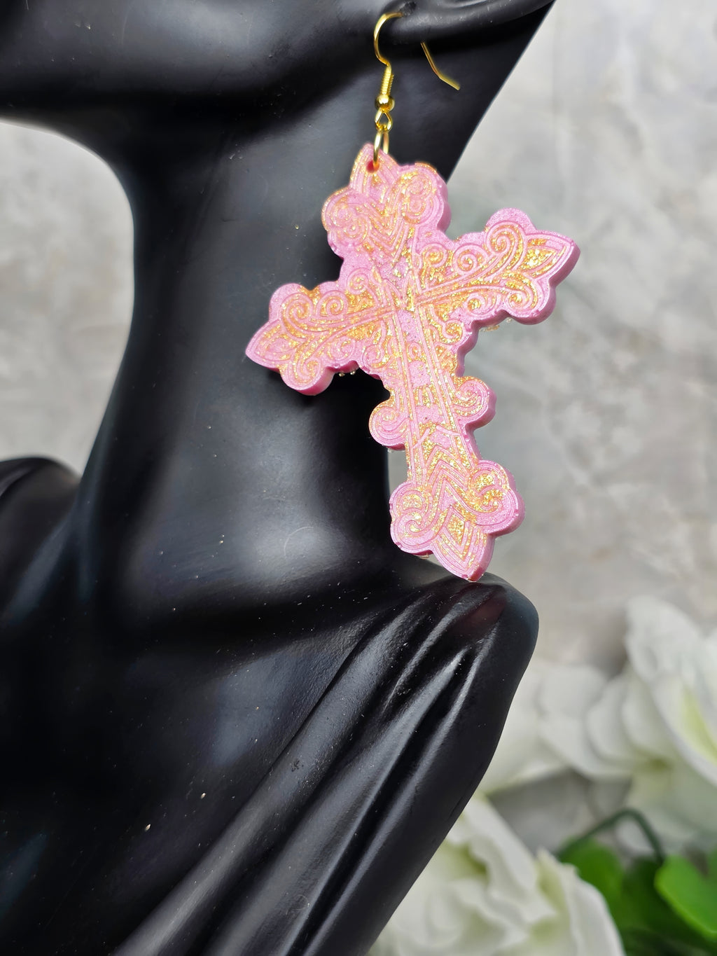 Pink Lemonade Resin Cross Earrings