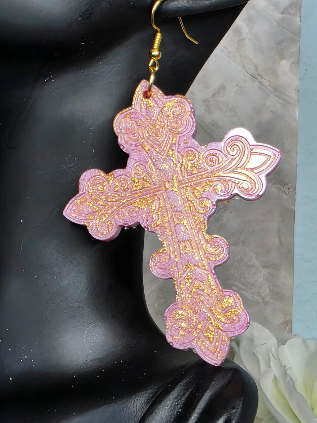 Pink Lemonade Resin Cross Earrings