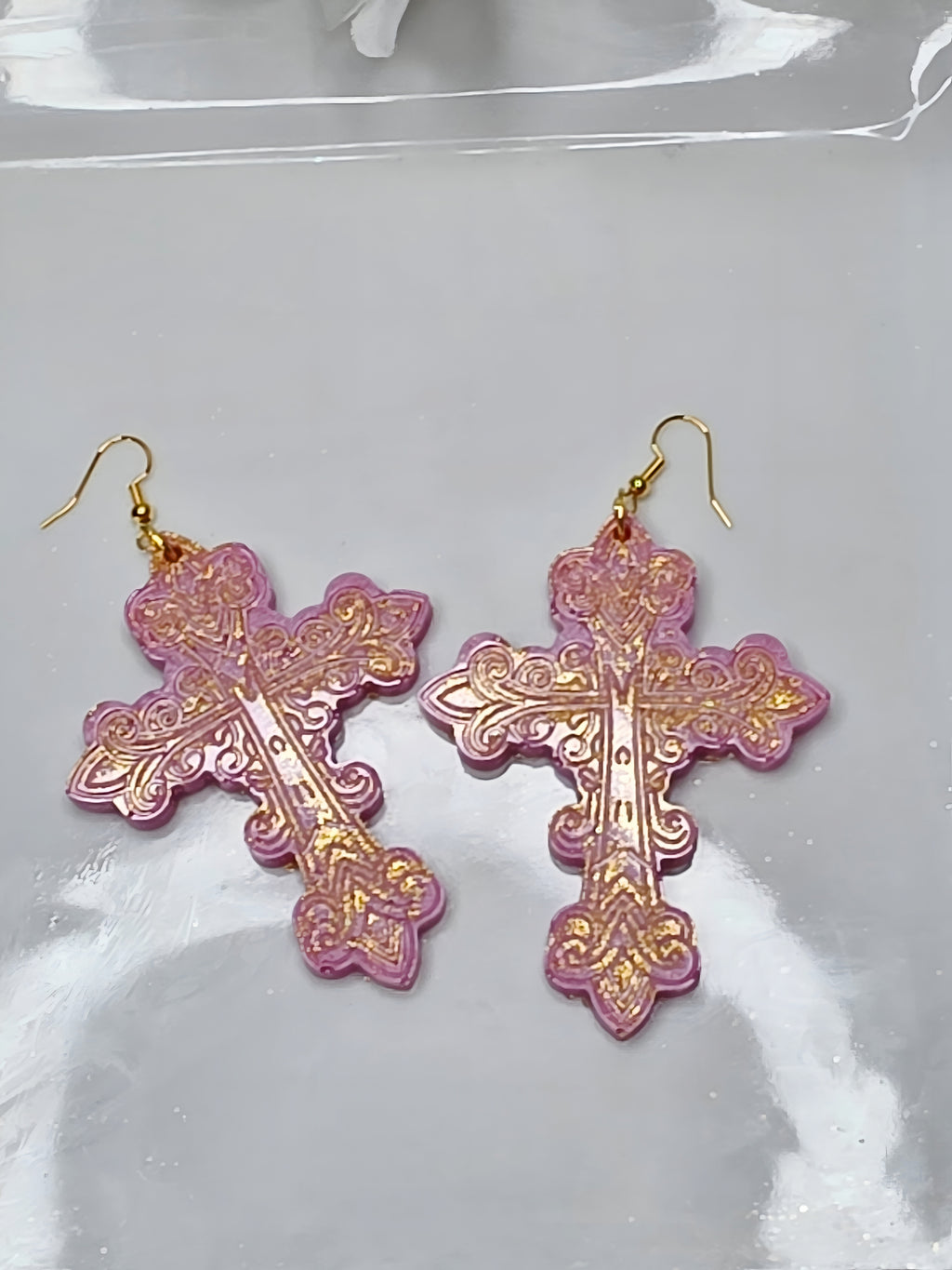 Pink Lemonade Resin Cross Earrings