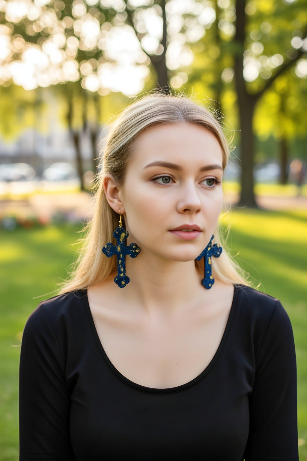 Bold Gold Splash Resin Cross Earrings